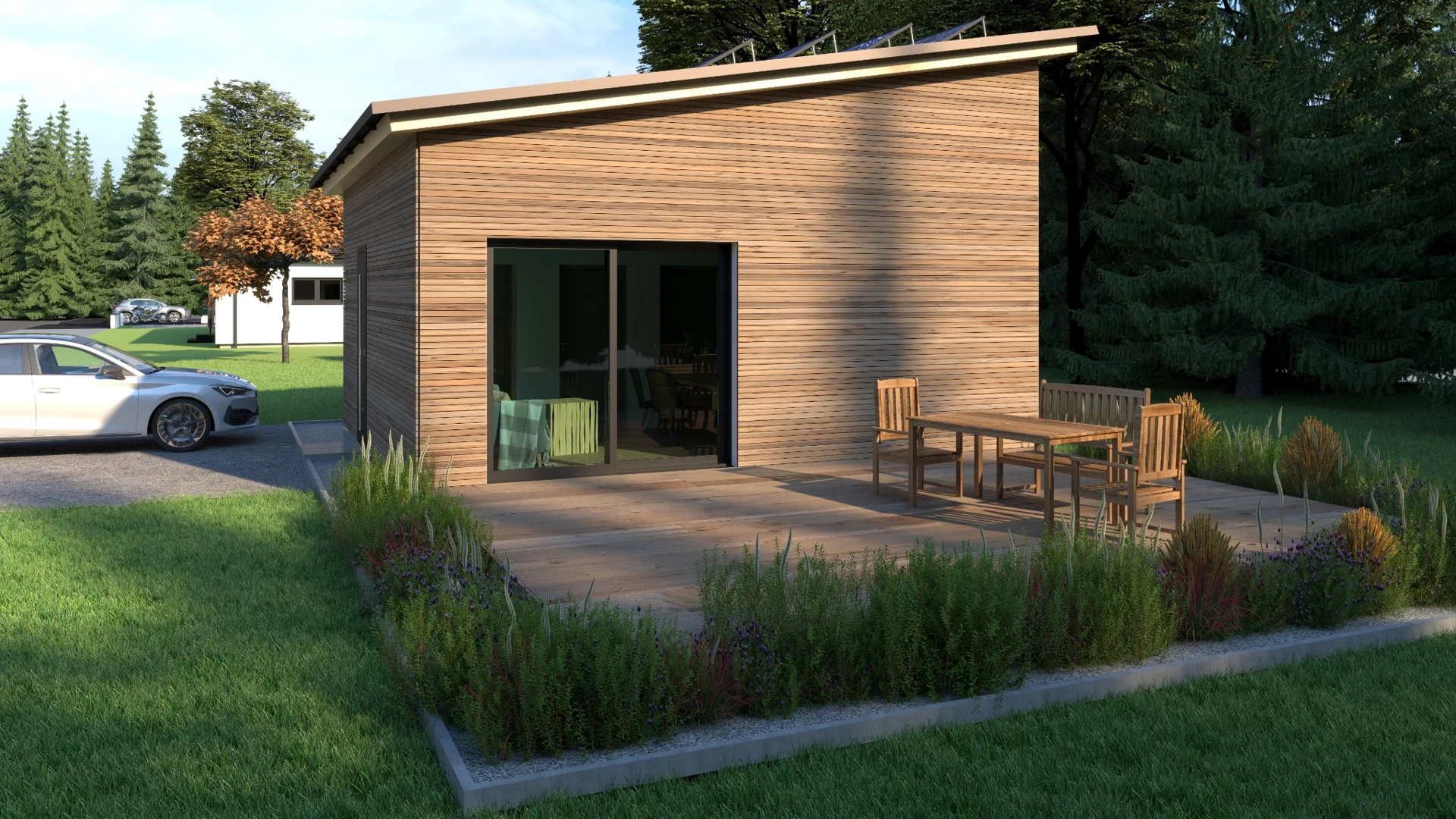 Leo: Terrasse und Holzfassade, Architekturvisualisierung