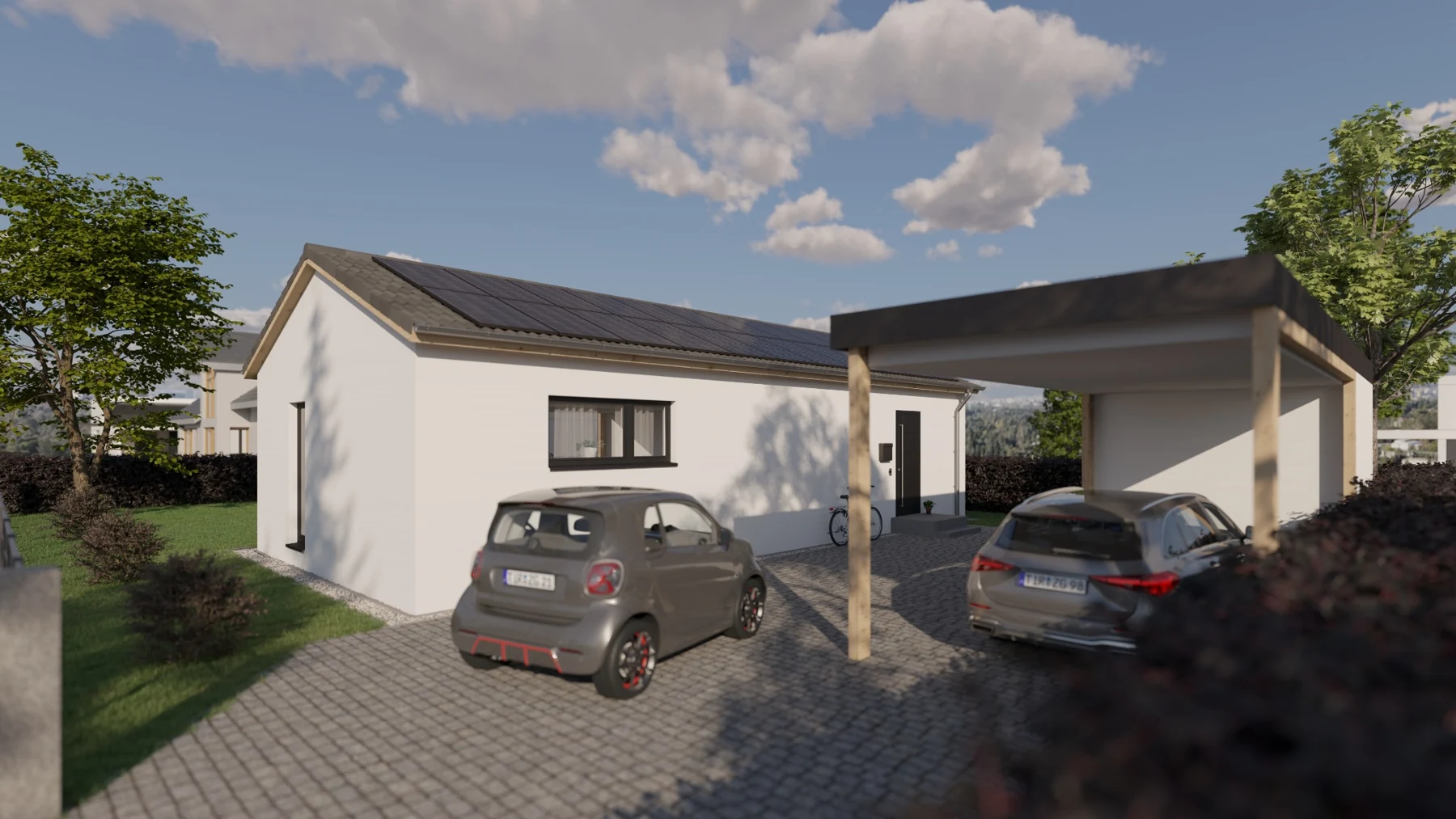 Visualisierung der Eingangsseite des Bungalows mit Carport