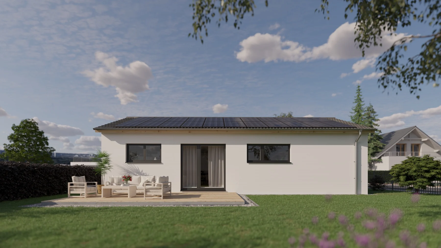 Architekturvisualisierung des Bungalows Theo mit Gartenterrasse