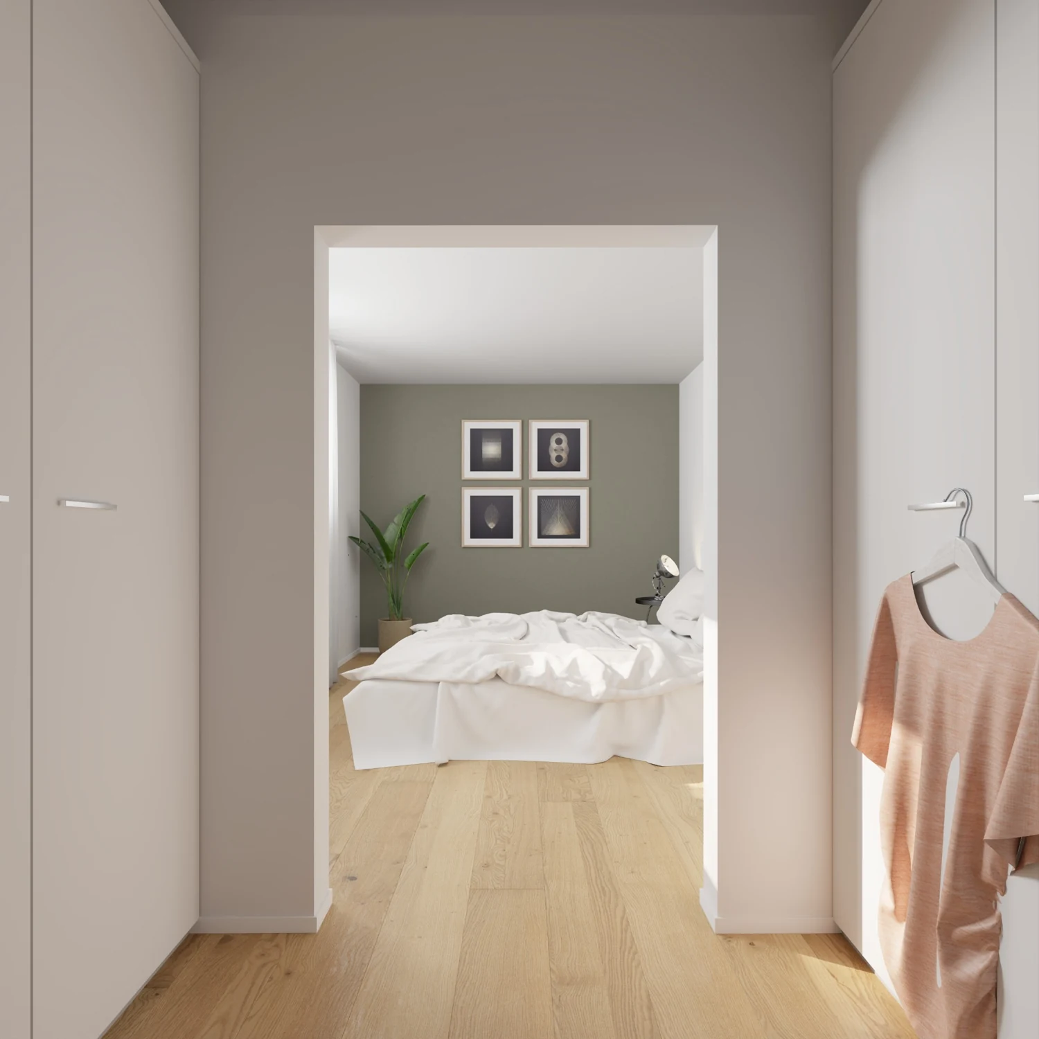 Visualisierter Blick von der Ankleide in das Schlafzimmer