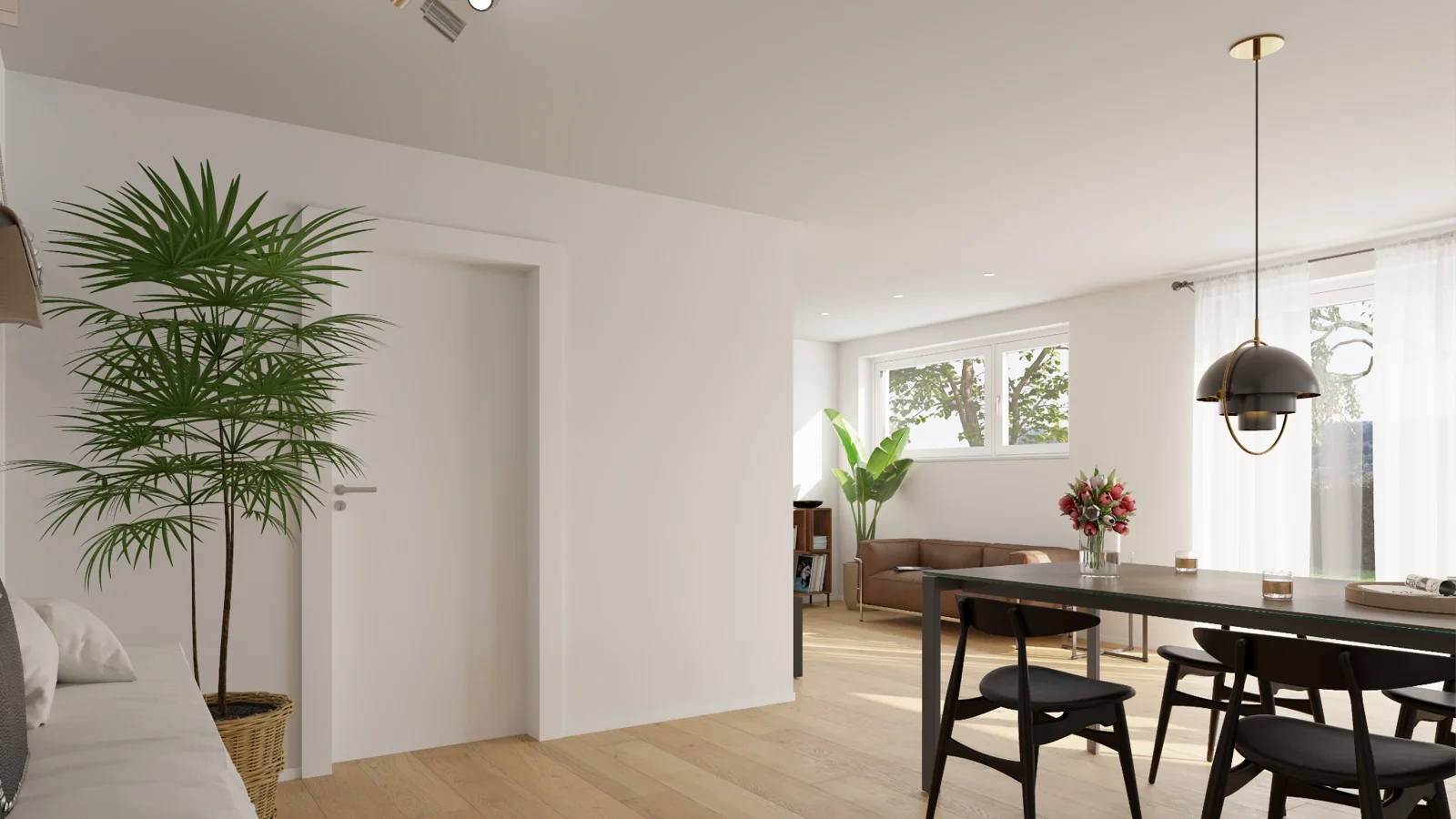 Visualisierung des offenen Wohn-, Ess- und Küchenbereichs im Bungalow Theo