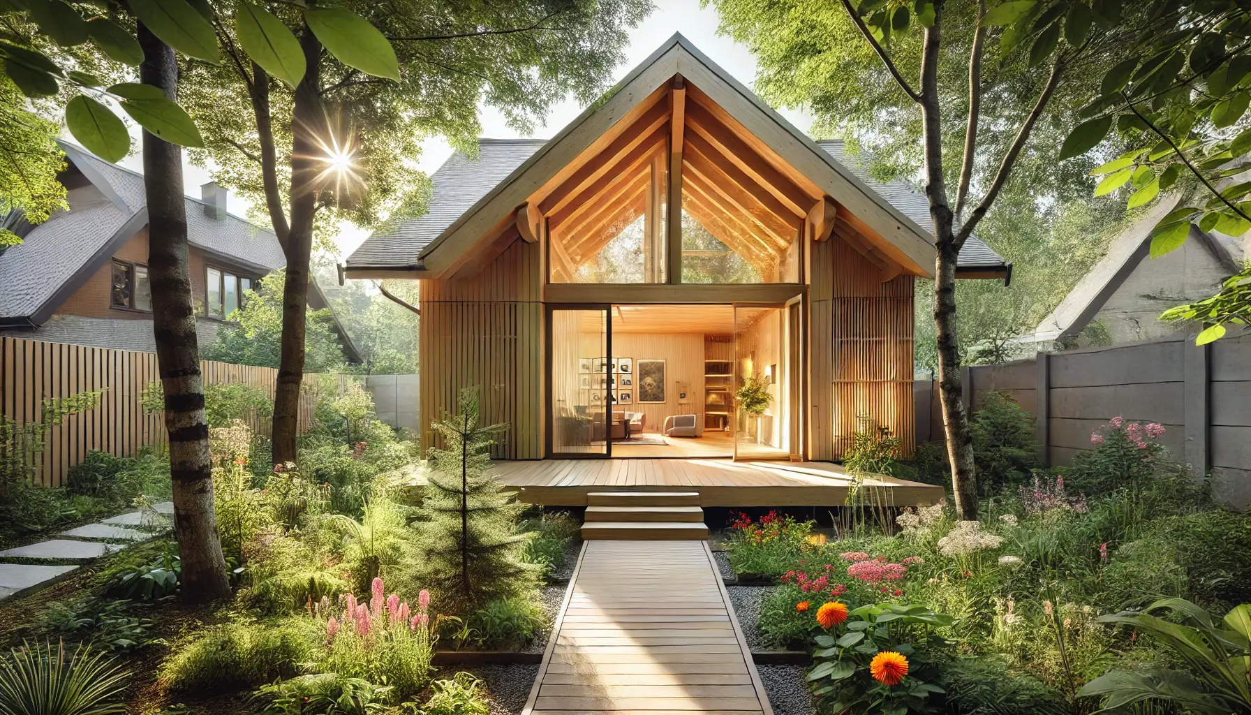 DALL·E 2025-02-23 17.40.28 - A modern wooden house with a light wood finish, surrounded by lush greenery. The architecture blends traditional elements, such as exposed wooden beam-1